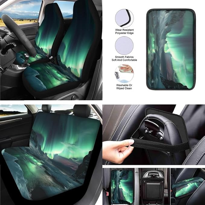 Northern Lights Print 13 pcs Full Set Arctic Glacier Iceberg Car Accessories Front Rear Seat Protection Universal for SUV Truck Vans Sedans, Green