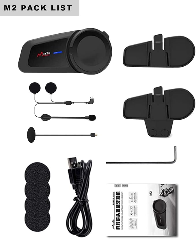 MAXTO Motorcycle Bluetooth Headset, M2 Group Motorbike Helmet Communication Systems 6-Way BT5.0 Waterproof Intercom 1000M Range with FM Radio,Siri,Voice dial for Ski/ATV/Full/Half Face(2 in 1 Mic)
