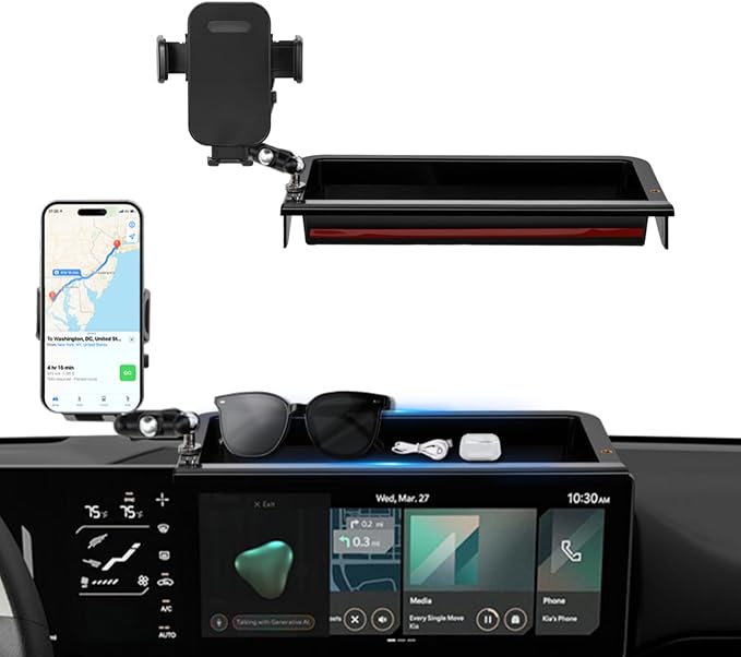 Car Phone Holder Compatible with Kia K4 2025 2026 Accessories 12.3-Inch Screen Fixed Clip, Cell Phone Mount with Dash Organizer Storage Box Hands-Free 360° Rotation