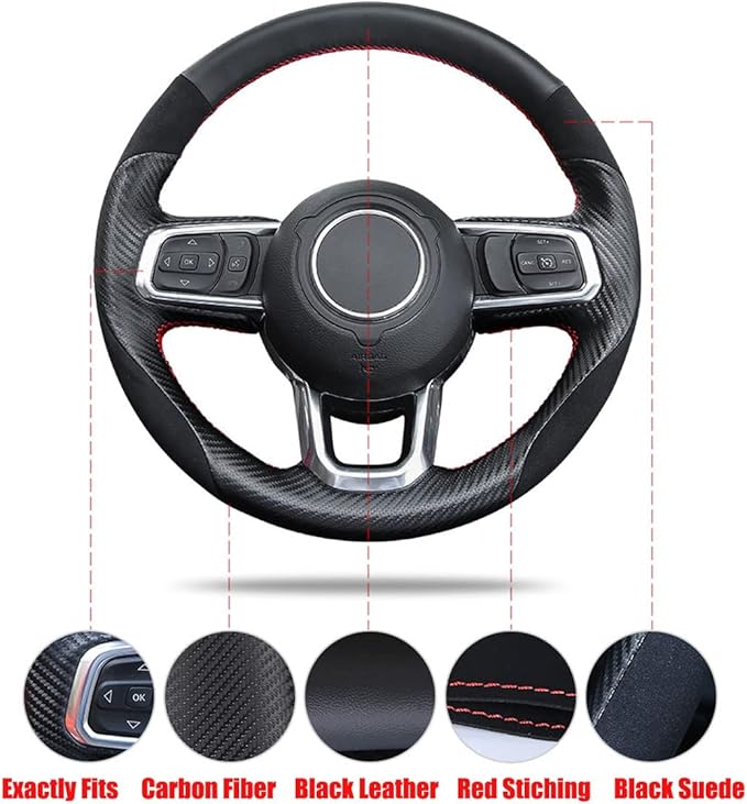 Hand-Sewing Steering Wheel Wrap Cover Black Suede/Matte Carbon Fiber Interior Protection Accessories for Jeep Wrangle 2018-2022 Jeep Gladiator 2020-2022 (Black Carbon Fiber)