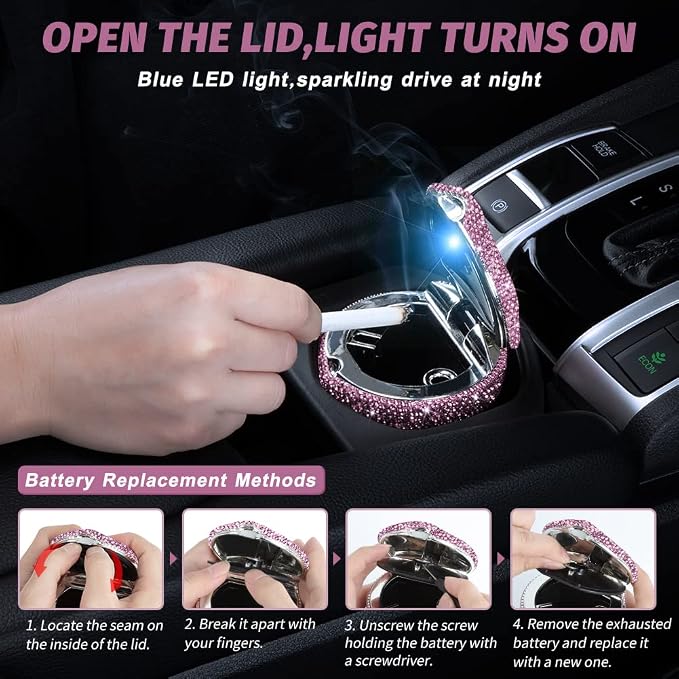 eing Car Ashtray Portable Bling Cigarette Smokeless Cylinder Cup Holder with Blue LED Light Indicator and 2 Replacement Batteries,Car Accessories for Women,Ideal for Car,Home and Office,1-Pack Purple