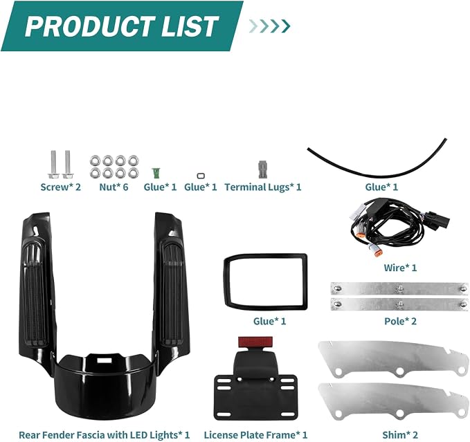 Motorcycle Rear Fender Extension Fascia Mudguard with LED Turn Signals Brake Running Lights Fit for Harley Touring CVO Road Glide Road King Electra Glide Street Glide 2014-up (Black Lens)