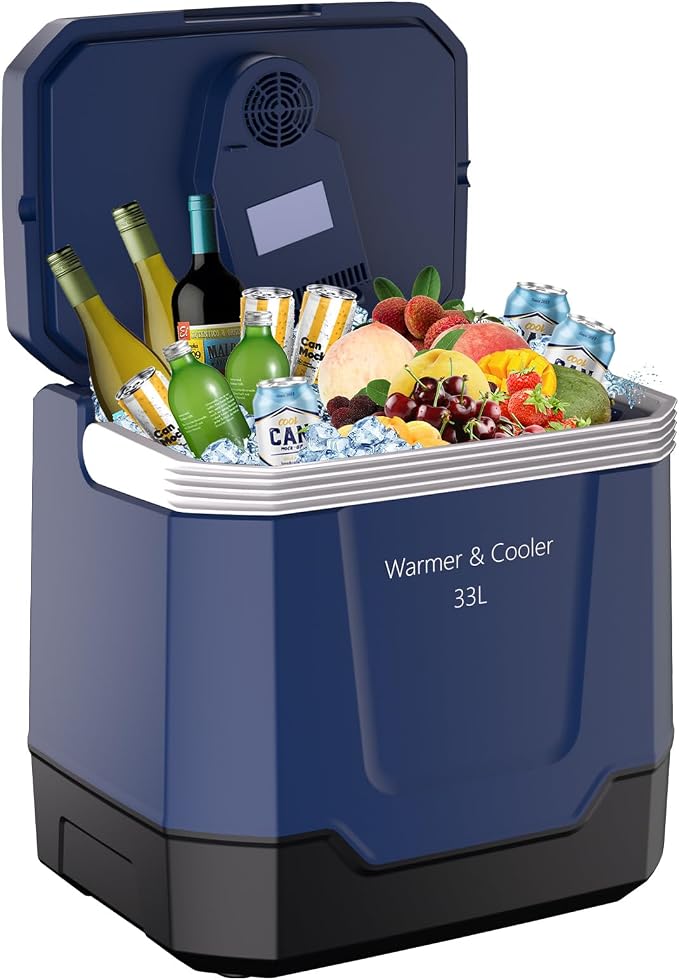 Garvee 35 Quart (33 l) Electric Cooler & Warmer, Portable Car Refrigerator with Automatic Locking Handle, 12V Car Cooler for Vehicle & Trucks, 110V AC Home Power Cord, Plug in Coolers. Blue