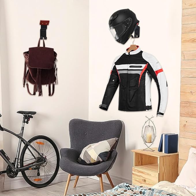 8 Pack Holder Wall Mount, Motorcycle Gear Rack with 2 Heavy Hooks Wall Mount Hanger Solid Wood and Strong Steel Design Motorcycle Accessories for Bike Tactical Baseball Football Helmet Hats