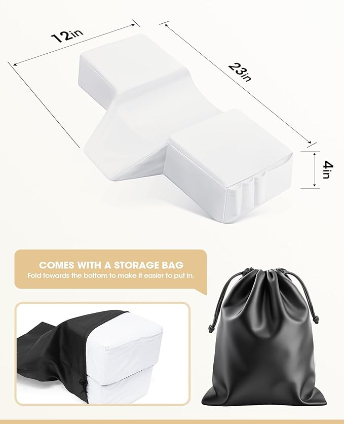 Onism Lash Pillow for Eyelash Extensions, 23'' Extra Wide Waterproof PU Leather Memory Foam Neck Support, Ergonomic Salon Grafting Headrest with Side Organizers, White