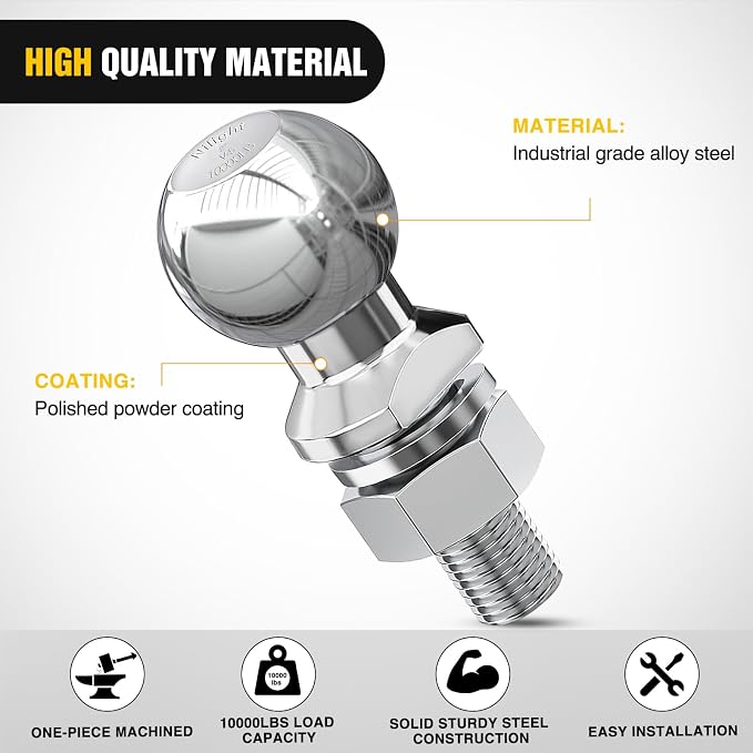 Nilight 2-Inch Diameter Chrome Trailer Hitch Ball, 10,000 lbs, 1-1/4 x 2-5/8-Inch Shank Universal Fit,Gray