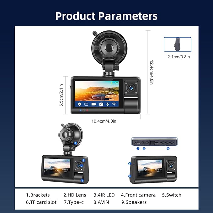 NHOPEEW 3 Channel Dash Cam for Cars, Dash Cam Front and Rear Inside, Bulit-in WiFi: 3 inch IPS Screen, 1080P Triple Dash Camera with 64GB Card, G-Sensor, Loop Record, Night Vision + Rearview Camera
