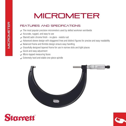 Starrett Outside Micrometer with One-Piece Spindle, Satin Chrome Finish and Advanced Sleeve Design - Quick and Easy Adjustment, 125-150mm Range, .01mm Graduation - 436.1MXRL-150