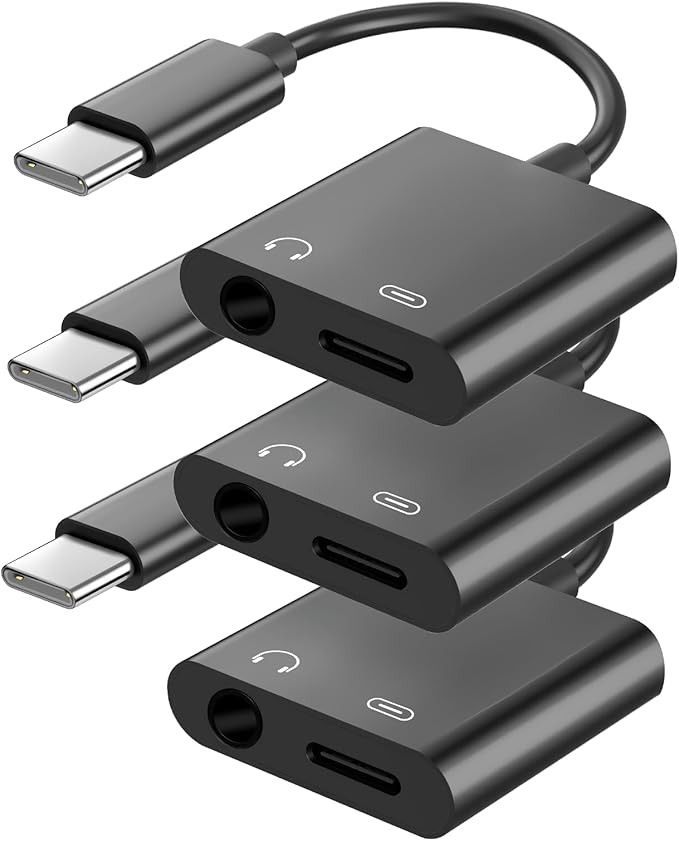 Seulliya USB C to 3.5mm Headphone Jack and Charger Adapter, 2-in-1 Audio & Fast Charging Splitter for Apple iPhone 17/16/15/Pro/Pro Max, iPad, Samsung, Pixel, and More 3Pack Black