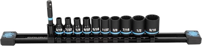 Spyder 11-Piece 1/4-inch Spline Drive SAE Shallow Impact Socket Set with Adapter, for 6pt, 12pt, Star, Square, Spline and Damaged Fasteners