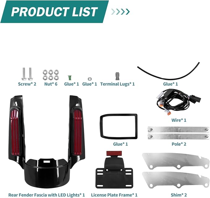 Motorcycle LED Rear Fender Extension Fascia Mudguard with Turn Signals Brake Running Lights Fit for Harley Touring CVO Road Glide Road King Electra Glide Street Glide 2014-up (Red Lens)