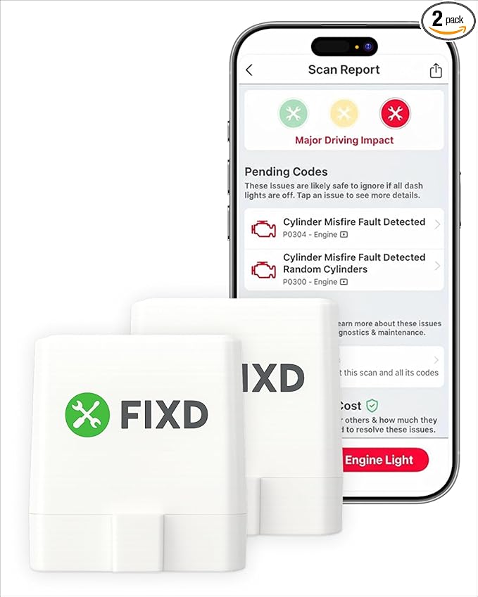 FIXD Bluetooth OBD2 Scanner for iPhone & Android - Diagnostic Scan Tool for Repairs and Car Buying - Check Engine Code Reader & Enhanced Codes - (2 Pack w/Free 14-Day FIXD Premium Bundle)