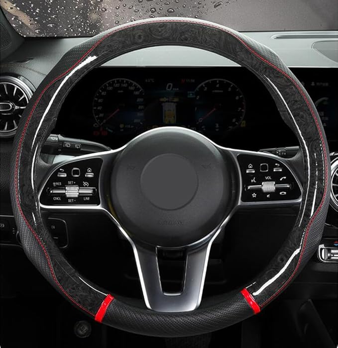 Peach Wood Grain Steering Wheel Cover Anti-Slip Breathable Durable Leather Four Seasons Universal 15 Inch Car Wrap Cover (Black-Red)
