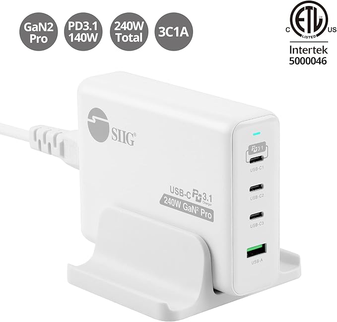 SIIG 240W USB-C 4-Port PD GaN Charger, 3C1A, PD 3.1/ QC 3.0 Fast Charging for MacBook Pro/Air iPad iPhone 14 Plus 13 12 Pro Max Samsung Galaxy Note 20 S22 Pixel and More (AC-PW1X11-S1)