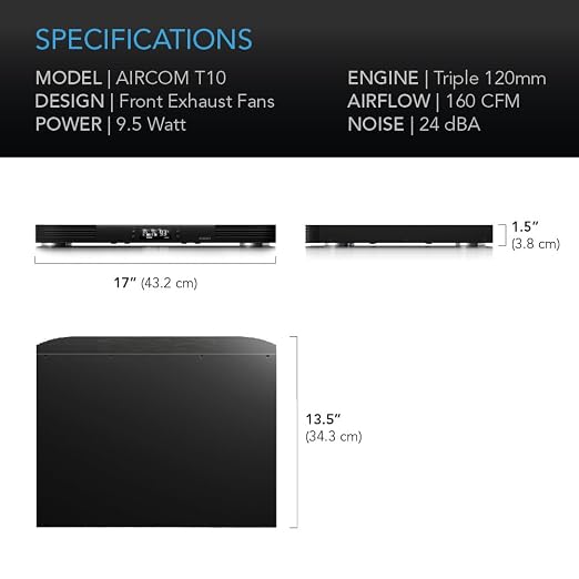 AC Infinity AIRCOM T10, Quiet Cooling Blower Fan System 17" Front-Exhaust, for Receivers, Amps, DVR, AV Cabinet Components, Compatible with Digital Video Recorder