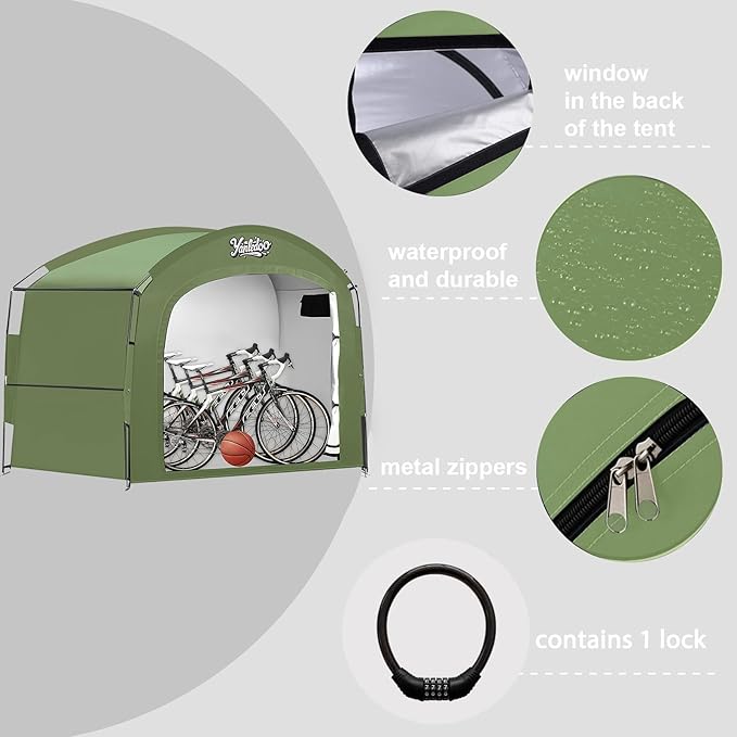 Waterproof Portable Bike Storage Tent with Extended Width for 3-5 Bikes, Clips Easy Setup Outdoor Bike Tent, Bicycle Shelter for Motorcycle, Garden Tools, Lawn Mower, XXL Bike Shed, Green