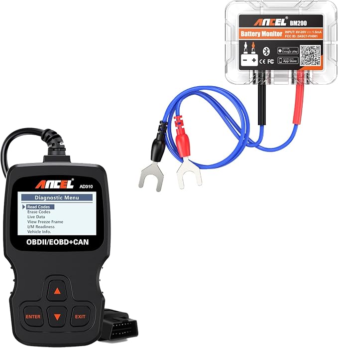 ANCEL AD310 Classic Enhanced Universal OBD II Scanner Car Engine Fault Code Reader CAN Diagnostic Scan, BM200 12V Car Battery Tester,Bluetooth 4.2 Automotive Battery Monitor Auto Battery Load Analyzer
