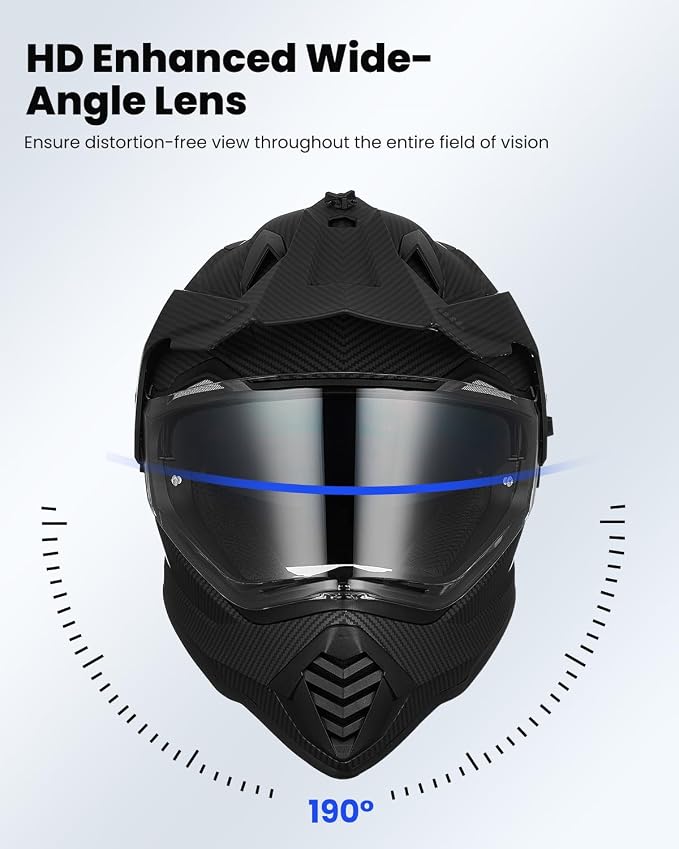 ILM Dual Sport Adventure Motorcycle Helmet with Pinlock Compatible Sun Visor Snowmobile ATV Dirt Bike Off Road Casco Model WS902 (Carbon Fiber, M)