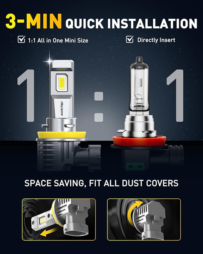 AUXITO H11 H8 LED Fog Light Bulb - 900% Brighter 6500K White, Direct Fit Mini Size, Hassle-Free Plug & Play, Extended Lifespan, Flicker-Free Operation, Pack of 2