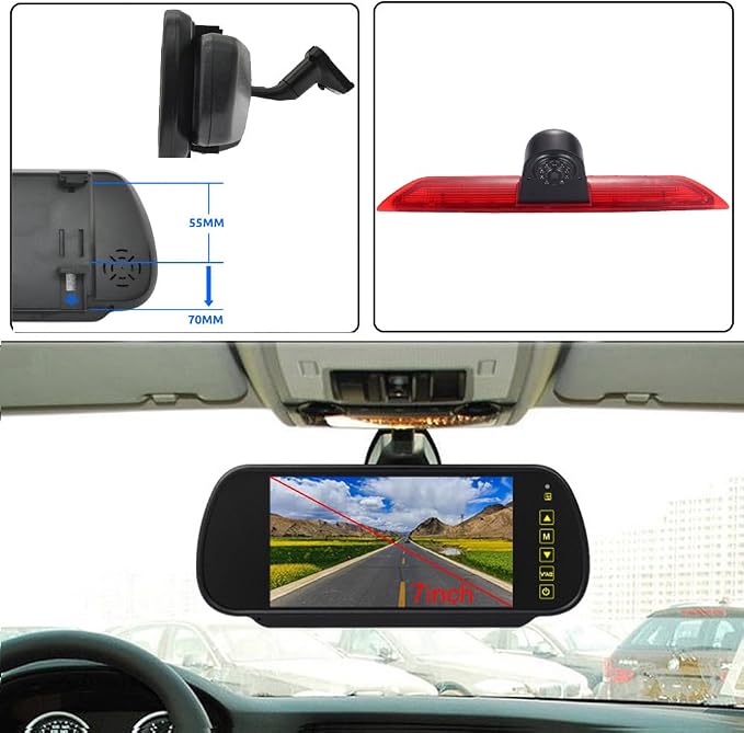Car Third Roof Top Mount Brake Light 3 Rear View Camera, HD Night Vision Waterproof for Ford Transit tourneo Custom Jumbo Kasten V363 F150 F250 F350 V636 MK8 2012-2020 (with 7-inch Rearview Mirror)