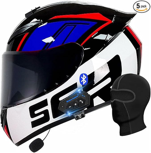 Motorcycle Bluetooth Full Face Helmet, Integrated Bluetooth Helmet, DOT/ECE Approved Full Face Flip Up Helmet, Multiple Vents Motorbike Helmet with Microphone for Adults 55-64CM
