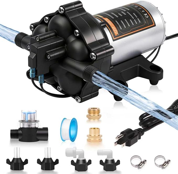 Upgraded 110V AC Fresh Water Pump, 7GPM 70PSI, Five Chamber Self-Priming Diaphragm Pump with Heavy Duty Pressure Switch & Strainer for RV, Marine，Home Water System, Irrigating & Industrial Settings