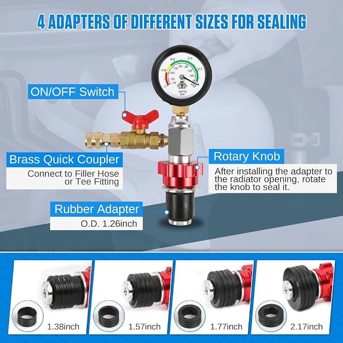 Coolant Vacuum Refill Kit Time-saving Vacuum Coolant Refill Kit Well-sealed Cooling System Vacuum Purge & Refill Kit with Pressure Gauge, 5 Sizes Adapters, Long Coolant Filling Hose for All Vehicles