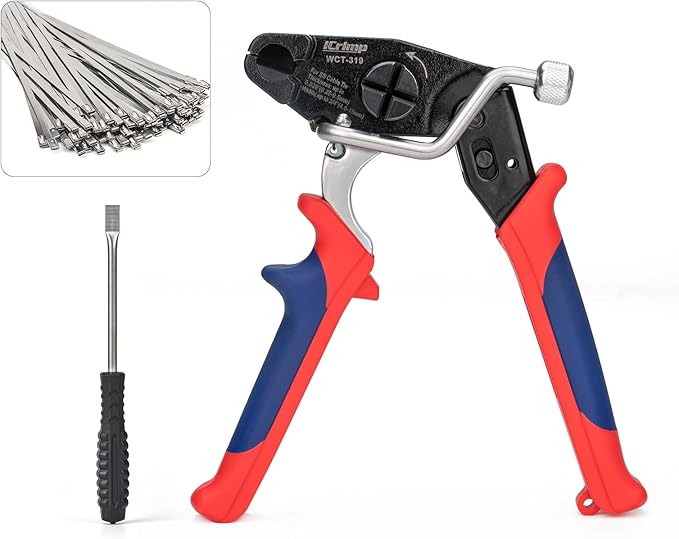 IWISS WCT-319 Stainless Steel Banding Strap Tool for Fastening & Cutting up to 19mm SS Zip Ties, c/w 100pcs SS Zip Ties & Cable Tie Removal Tool