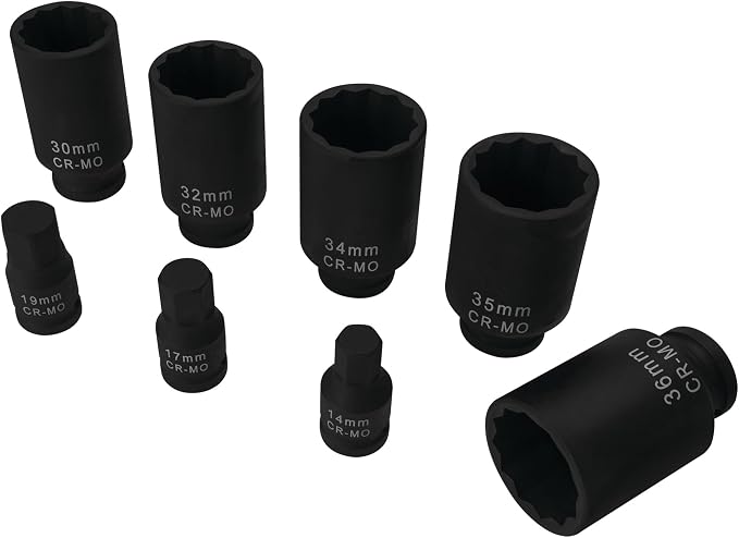Performance Tool W89321 Axle Nut and Hex Bit Socket Set (8 Pieces) - Chrome Molybdenum Steel Construction, Extra-Deep Sockets for Secure Grip, Corrosion Protection, Fitted Storage Case - 1/2 in. Drive
