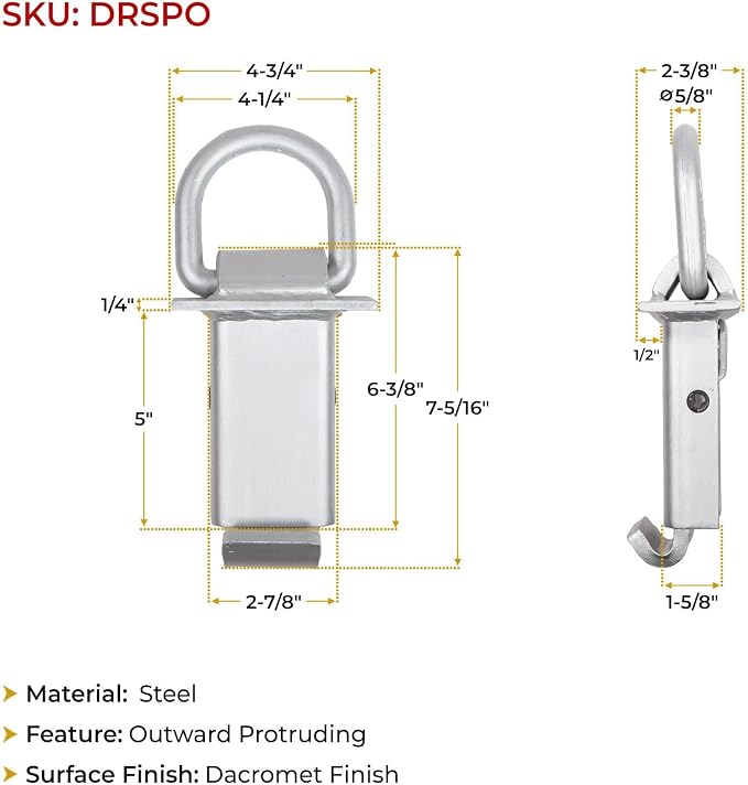 Mytee Products 5/8 Inch Stake Pocket D Rings w/Outward Protruding Design, 18000 lbs | Adjustable Trailer Stake Pocket Tie Down Utility for Flatbed Trucks & Trailer w/Hitch Pin