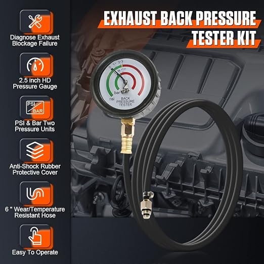 DUOYI Exhaust Back Pressure Tester Kit with 6-Foot Hose,Professional Diagnosis Automotive Exhaust Back Pressure Gauge Kit Shockproof 2.5" HD Gauge,with M12 & M18 Adapter
