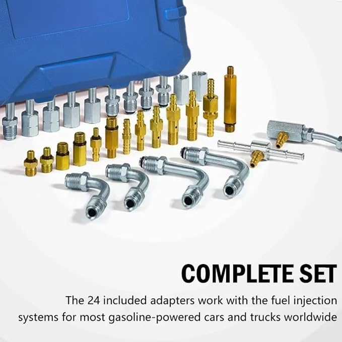 Fuel Injection Pressure Tester Kit 0-140 PSI, Universal Fuel Pump Pressure Gauge Set with Quick Release Valve, Reinforced Hoses & Multi-Size Adapters for Gasoline Engine Diagnostic ((TU-443Blue))