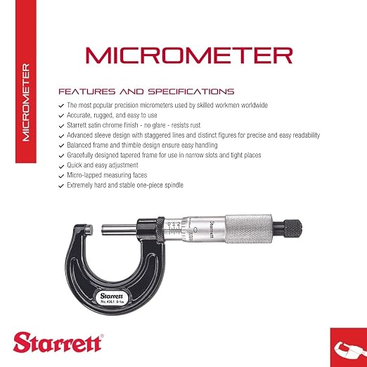 Starrett Outside Micrometer with One-Piece Spindle, Satin Chrome Finish and Advanced Sleeve Design - Quick and Easy Adjustment, 0-1" Range, .001" Graduation - 436.1XRL-1