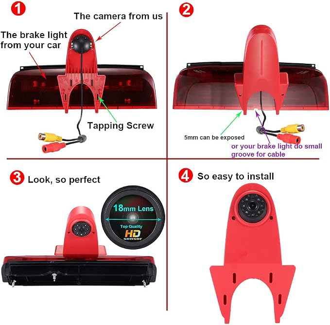 Caros HD 1280x720 Pixels 1000 TV Line 3rd Brake Light Reversing Camera Brake lamp Parking Camera Replacement for Ford Transit Connect 2014-2017 Transporter Business MPV SUV Bus +4.3'' Reverse Monitor