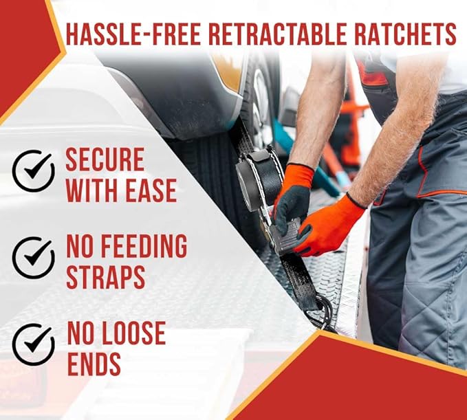 Mytee Products (2 Pack) Auto Retract NO-RATCHETING Ratchet Straps | 1" x 12' Retractable Ratchet Straps with Coated S Hook Tiedowns for Motorcycles, ATVs, Bikes: Tight & Secure Pickup Trailer Tie-Down