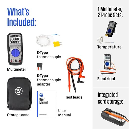 Westinghouse 600V True RMS Auto-Ranging Multimeter with Large Screen and Relative Mode; Measures Voltage Current Resistance Capacitance Frequency Temperature; Incl. Case and 2-Year Warranty.