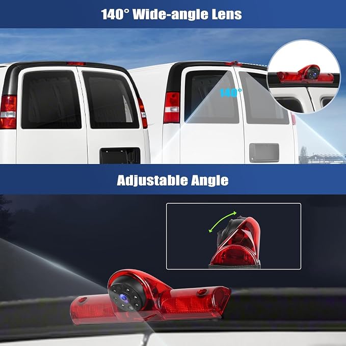 Brake Light Backup Camera for Chevrolet Chevy Express/GMC Savana Van 2005-2017, AHD/CVBS Rear View Reversing Camera, 140° Wide Angle, Night Vision, IP67 Waterproof, Parking Assist, Roof Mount Cam