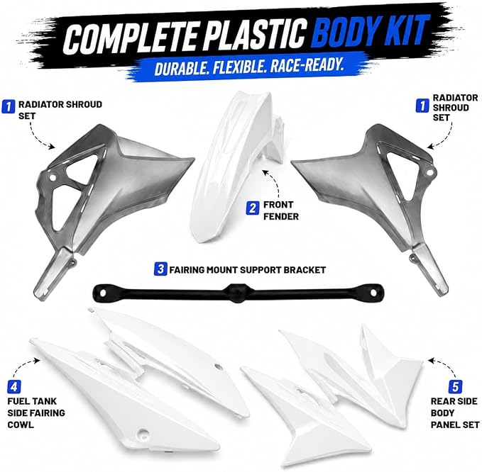 Hawk 250 Plastics Fairing Kit (All Years) - Premium PP Dirt Bike Bodywork Replacement with Fenders & Tank Guards - OEM Fitment White