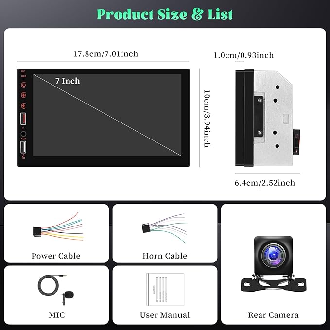 [Stable] Double Din Car Stereo with Wireless Apple CarPlay and Android Auto, 7 inch Touchscreen Car Audio Receiver with Bluetooth, FM Radio, EQ, Mirror Link, Rearview Camera, USB/AUX/U Disk/SWC