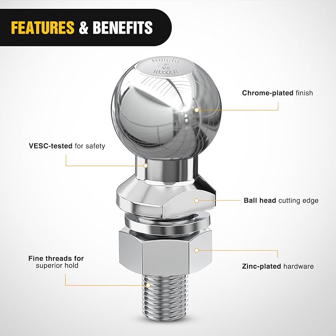 Nilight 2-Inch Diameter Chrome Trailer Hitch Ball, 10,000 lbs, 1-1/4 x 2-5/8-Inch Shank Universal Fit,Gray