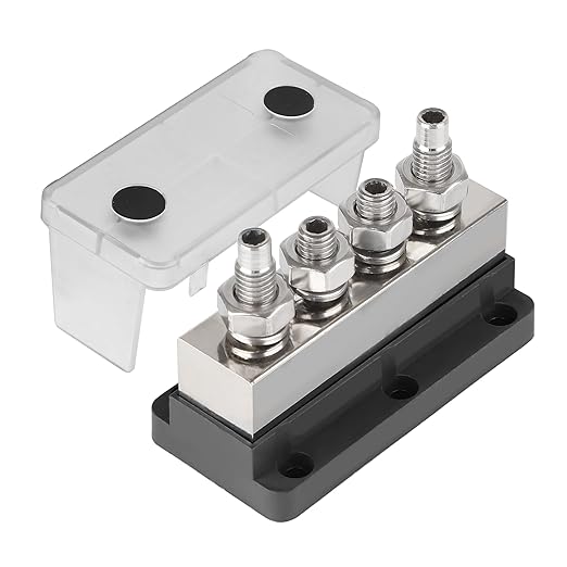 600A Bus Bar Power Distribution Block 12-48V Terminal Block 4x3/8(M10) Studs Marine Battery Bus Bar with Waterproof Cover Quick Mount for Automotive Car Boat Solar System (Black) ﻿