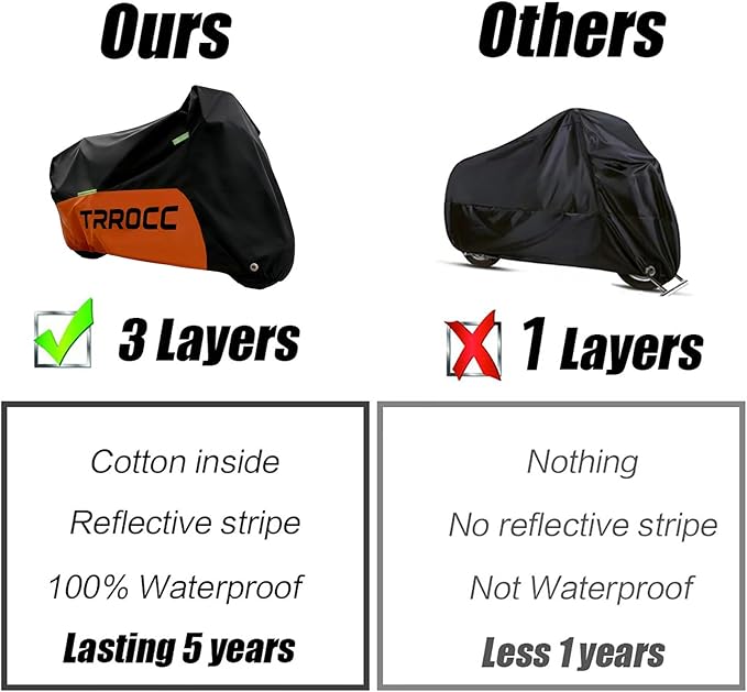 300D Heavy Duty Motorcycle Cover Waterproof Outdoor, Quad Cover for BMW, Harley, Yamaha, Lined with Cotton, Touring, Sportbike, Scooter, Powersports Vehicle Covers, XL Black & Orange