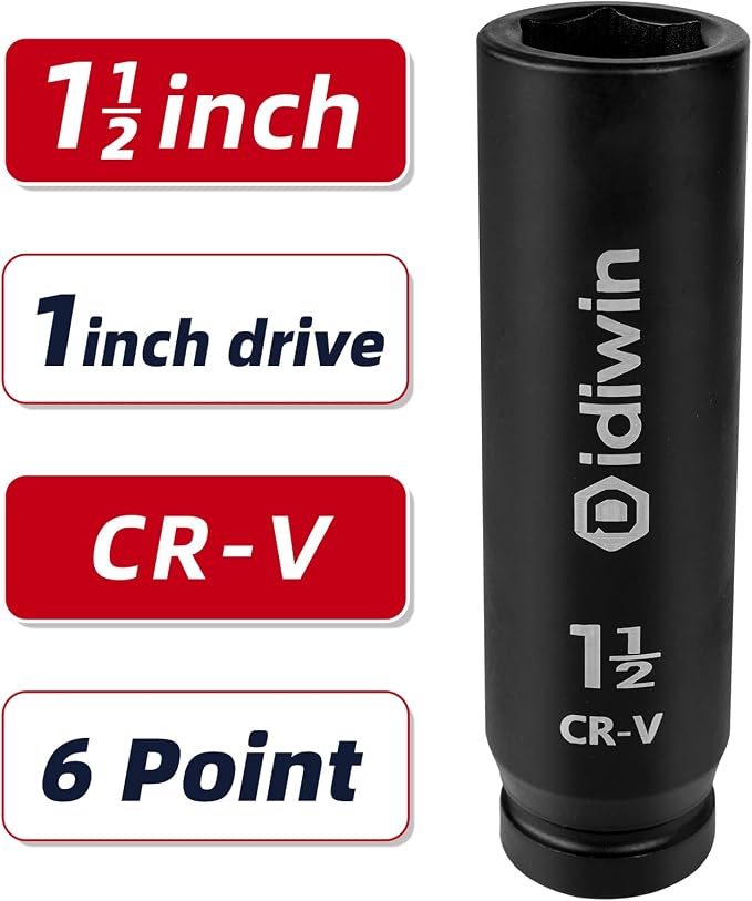 1'' Drive 1-1/2'' Extra Deep Impact Socket, 8'' (200mm) Long, 6-Point Truck & Trailer & Tractor Wheel Nut Impact Socket, Heat Treated CR-V Alloy Steel, One-Piece Forged, Radius corner design