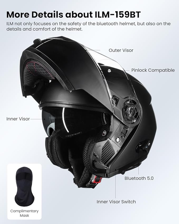 ILM 159BT Bluetooth Modular Motorcycle Helmet 2-3 Riders Intercom Full Face Flip up Casco DOT with Face Mask (MatteBlack, S)