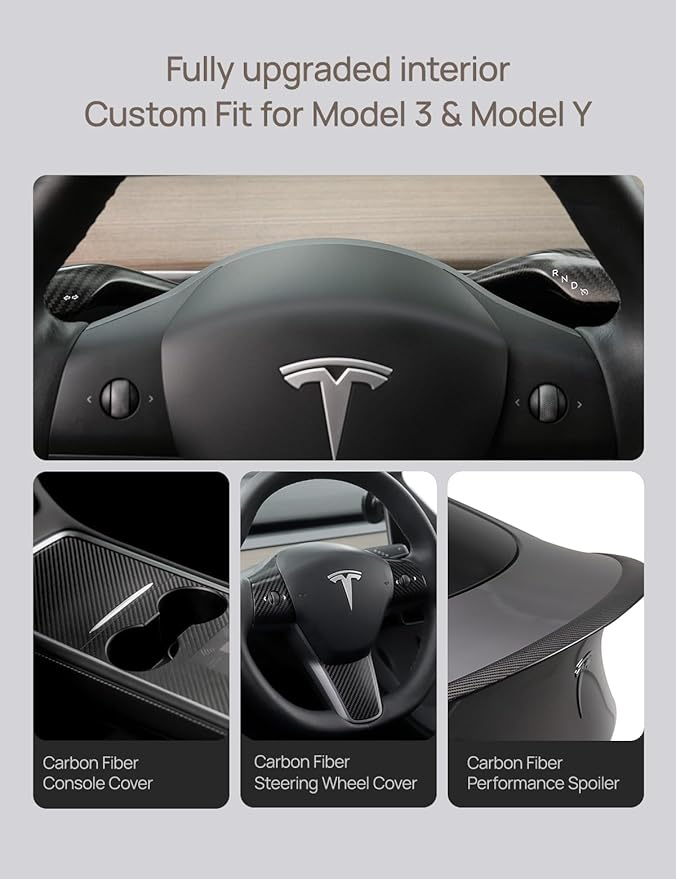 TPARTS Real Carbon Fiber Steering Lever Cover for Tesla Model 3 (2018-2023) Model Y (2020-2024) Gear Shift Cover 2PCS Steering Wheel Gear Lever Accessories (Matte Black)