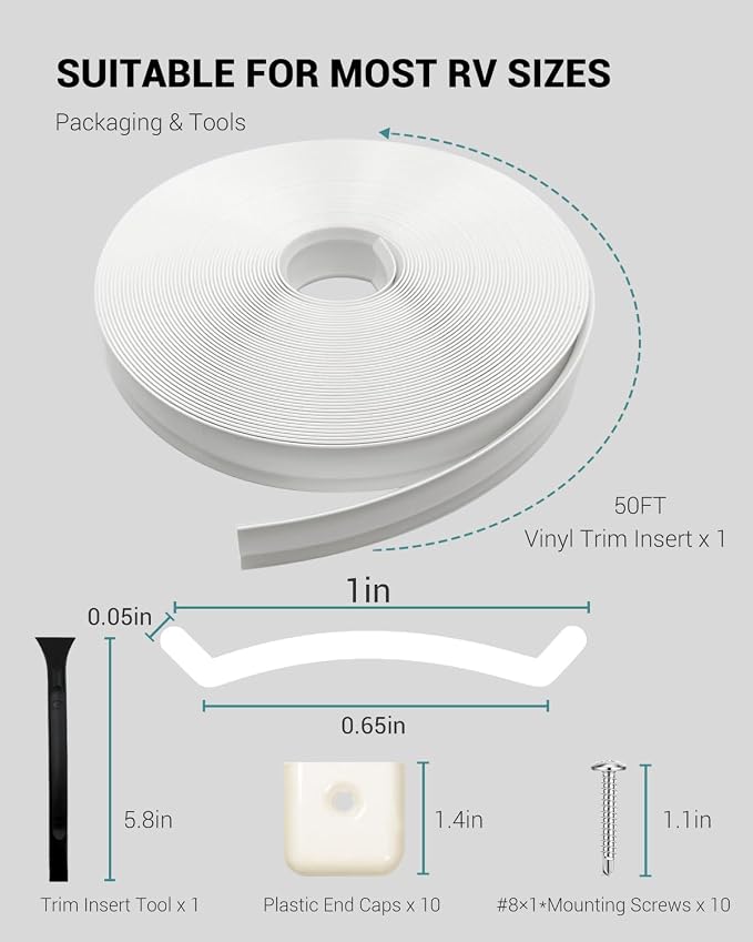 1” RV Trim Molding Insert, 50 Ft Heavy Duty RV Weather Stripping Exterior, Vinyl Rubber Seal Strip Includes End Caps, Screw Cover Trim for Camper Travel Trailer, White