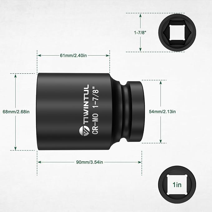 1-7/8" Impact Socket 1 Inch Drive for for Truck Axle Nuts, CR-MO | 6 Point Design Large Impact Socket, ANSI Certified, Heavy Duty Socket 1 Inch Drive , Hub Removal & Mining Equipment Repair