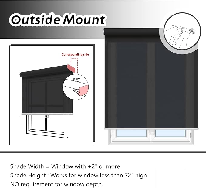 AOSKY Cordless Roller Shades for Windows Light Filtering Shades with 5% Openness Solar Screen Semi Sheer Roller Blinds UV Protection for Office and Home. Easy to Install 37" W x 72" H (Black)