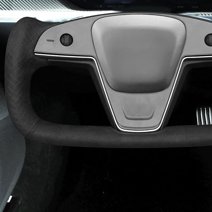 MEWANT Hand Stitch Black Smooth Woven Embossed Suede Steering Wheel Cover Wrap for Tesla Yoke Model S 2021-2023 Model X