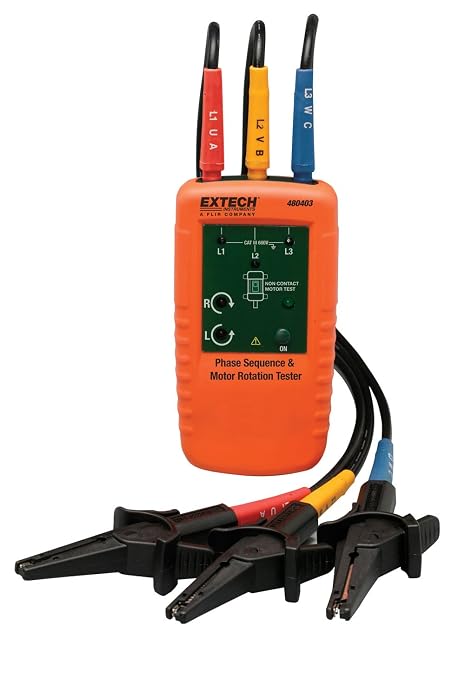 Extech 480403 Phase Rotation and Motor Tester - 3-Phase Sequence Indicator, 40V to 600V AC Range, Non-Contact Detection, 2 to 400Hz Frequency with Color-Coded Alligator Clips and Protective Pouch | 3-phase sequence, non-contact motor rotation, 2-400Hz,...
